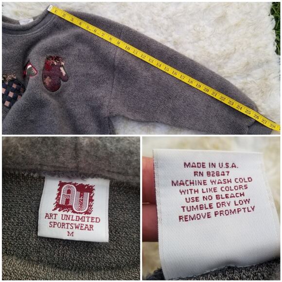 Cozy Y2k Fleece Sweater Art Unlimited M Sweatshirt Gray Mittens Grandma Vtg 90s - Picture 5 of 9